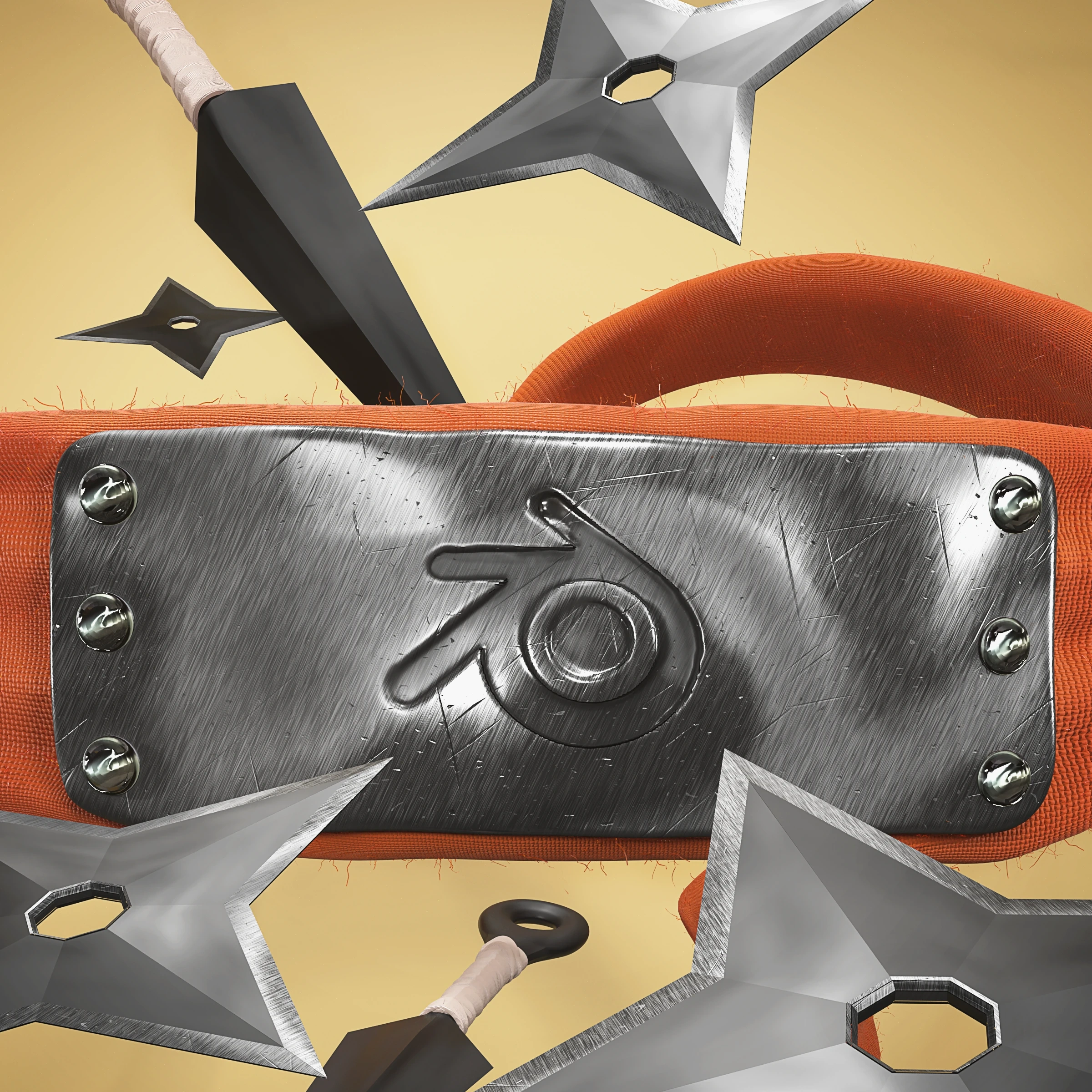 Detalhe da placa de metal escovado, com riscos, amassados, rebites e o símbolo do Blender em relevo, sobre a faixa laranja com fiapos soltos.