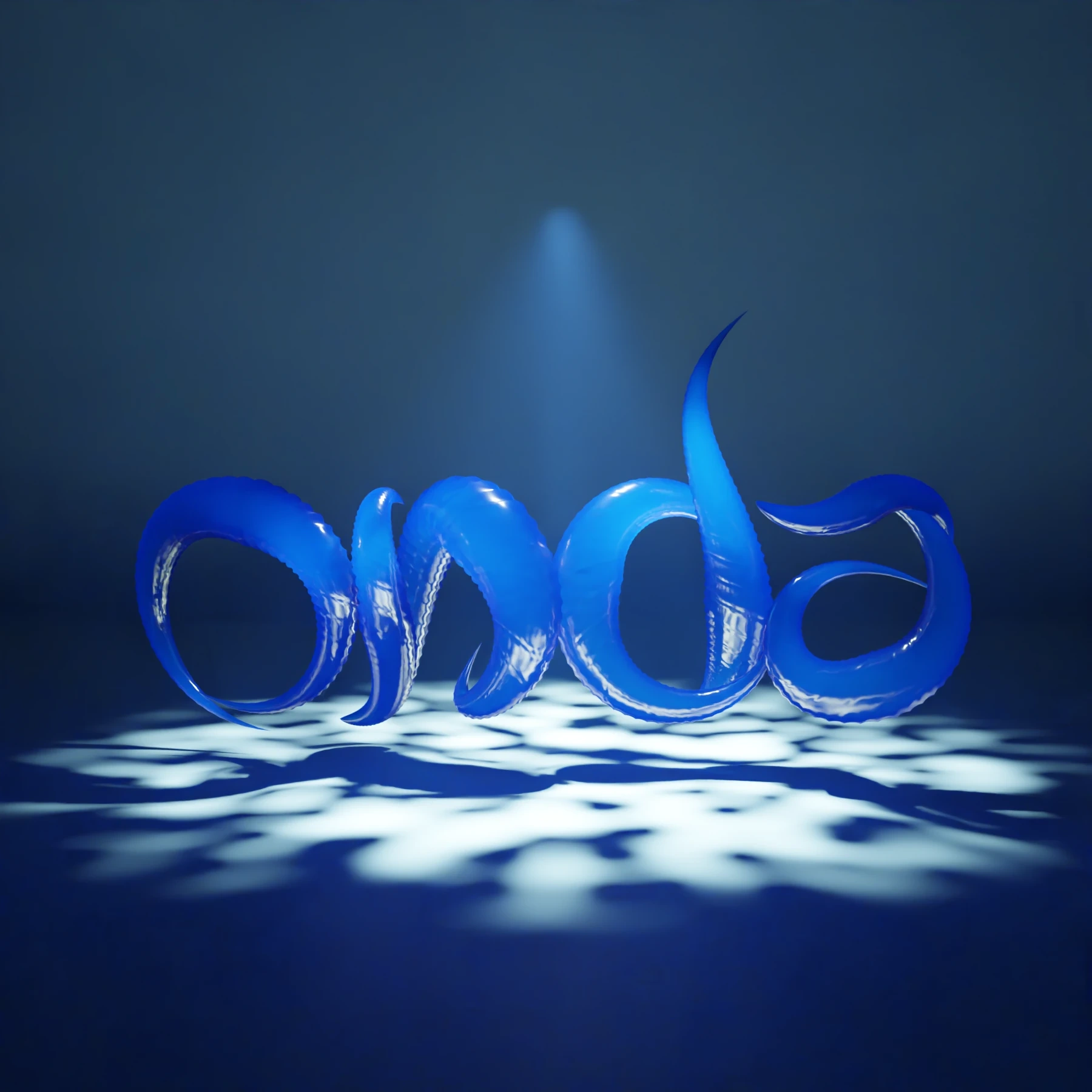 Letras azuis de vidro formando a palavra "onda", em curvas altas, sobre um piso azul-escuro com manchas claras de luz; um spot ilumina o ambiente por cima, em penumbra.