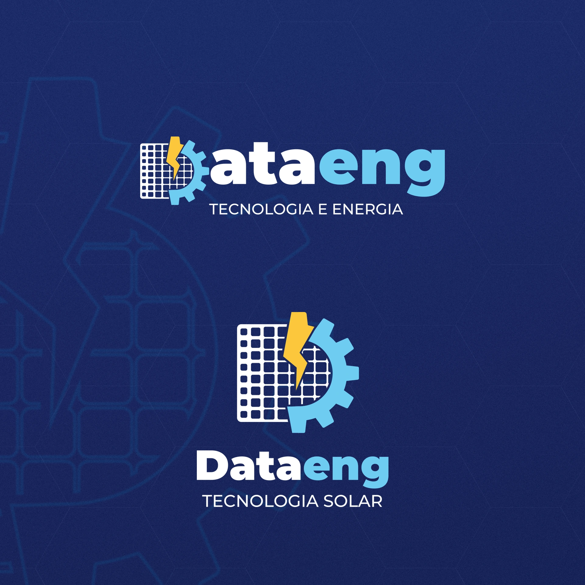 Duas versões da logo Dataeng: horizontal, com Tecnologia e Energia, e vertical, com Tecnologia Solar
