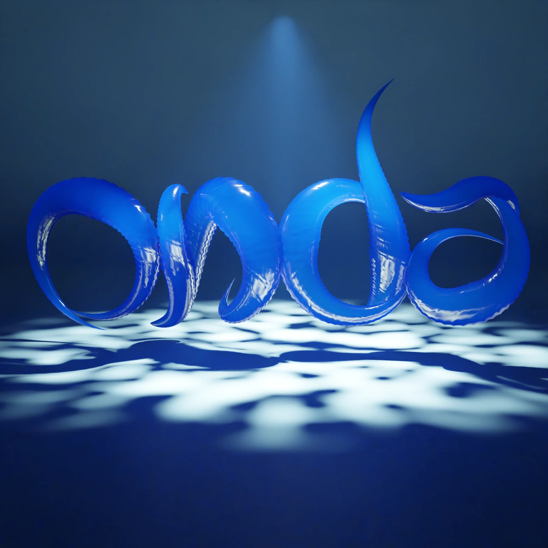 Plano mais fechado das letras azuis de vidro de "onda", com reflexos brancos finos nas curvas e, no piso, manchas claras de bordas irregulares.