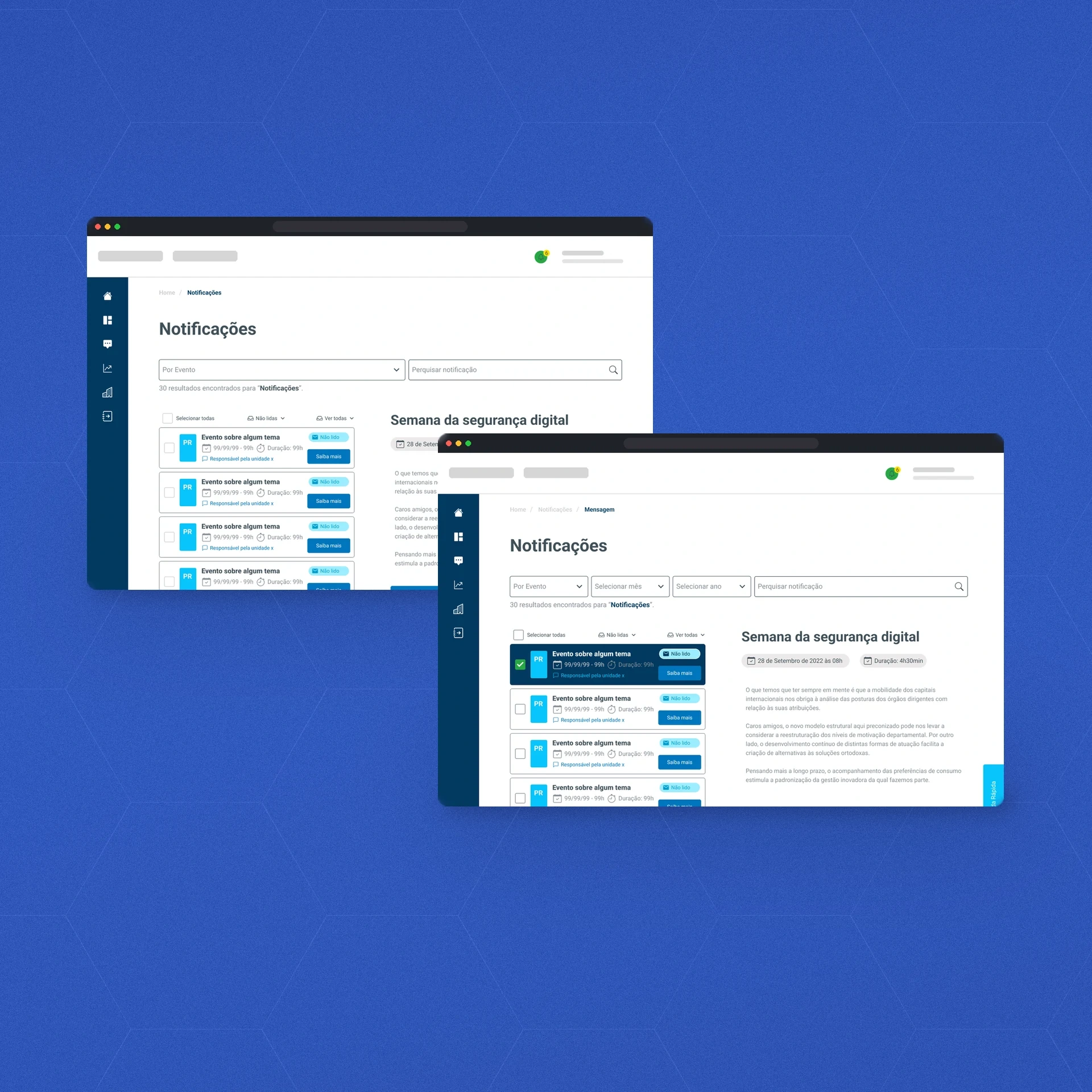 Tela de notificações em desktop, na lista e com um item selecionado, cujo conteúdo aparece ao lado. Há filtros por evento, mês e ano, busca e marcação de lidas e não lidas. Mostra como acompanhar os avisos sem sair da página. Dados de exemplo.