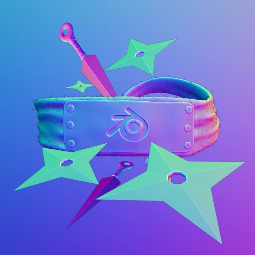 A mesma cena no viewport em matcap de normais, com as superfícies coloridas em rosa, azul e verde conforme a direção para onde apontam.