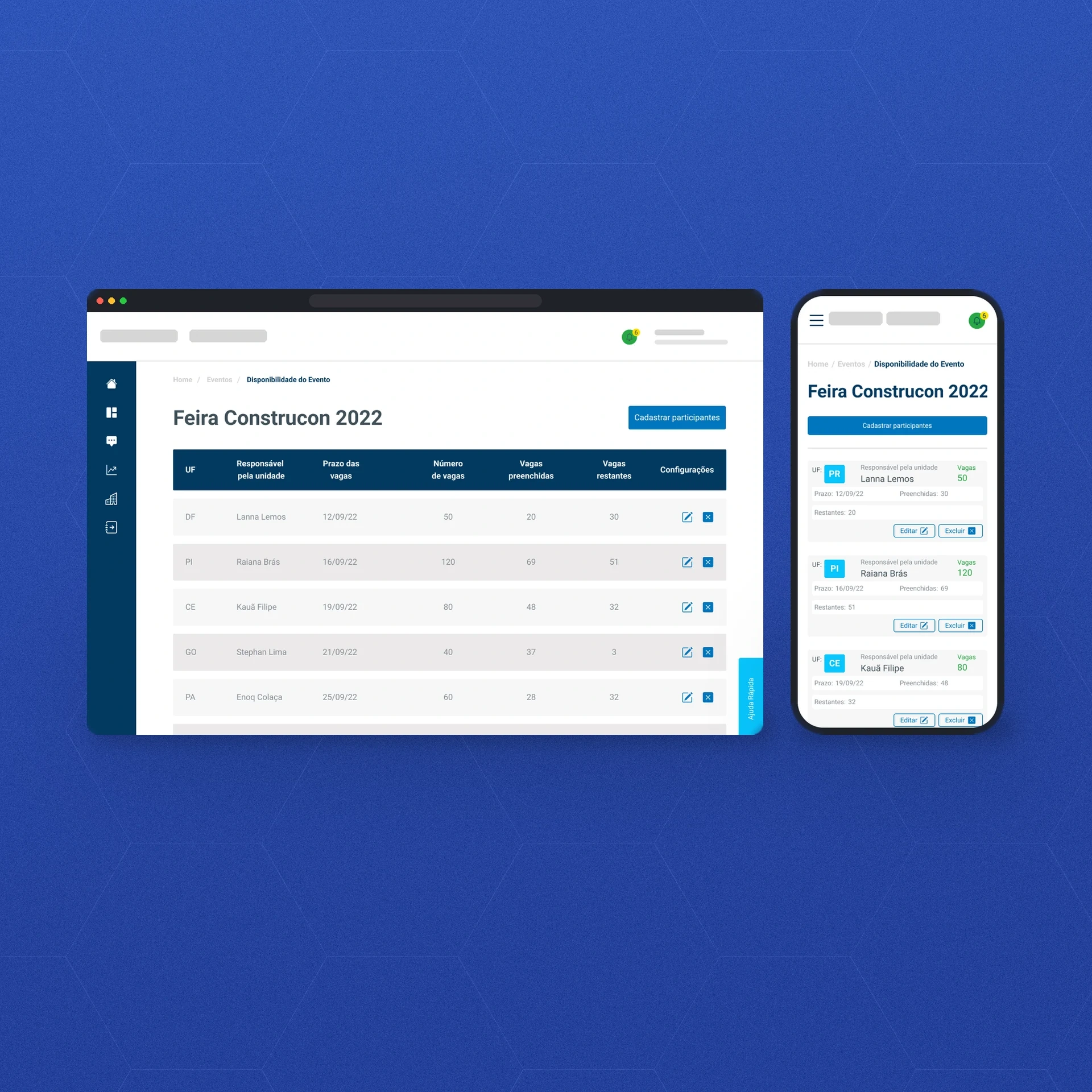 Vagas por UF em desktop, como tabela com responsável, prazo, vagas preenchidas e restantes, e no celular, como cartões com os mesmos dados e ações de editar e excluir. Permite acompanhar a ocupação de cada estado de relance. Dados de exemplo.