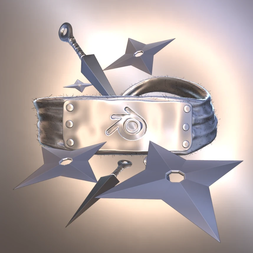 A mesma cena no viewport com luz de estúdio, peças em metal cinza-azulado e um halo de luz branca atrás da faixa.