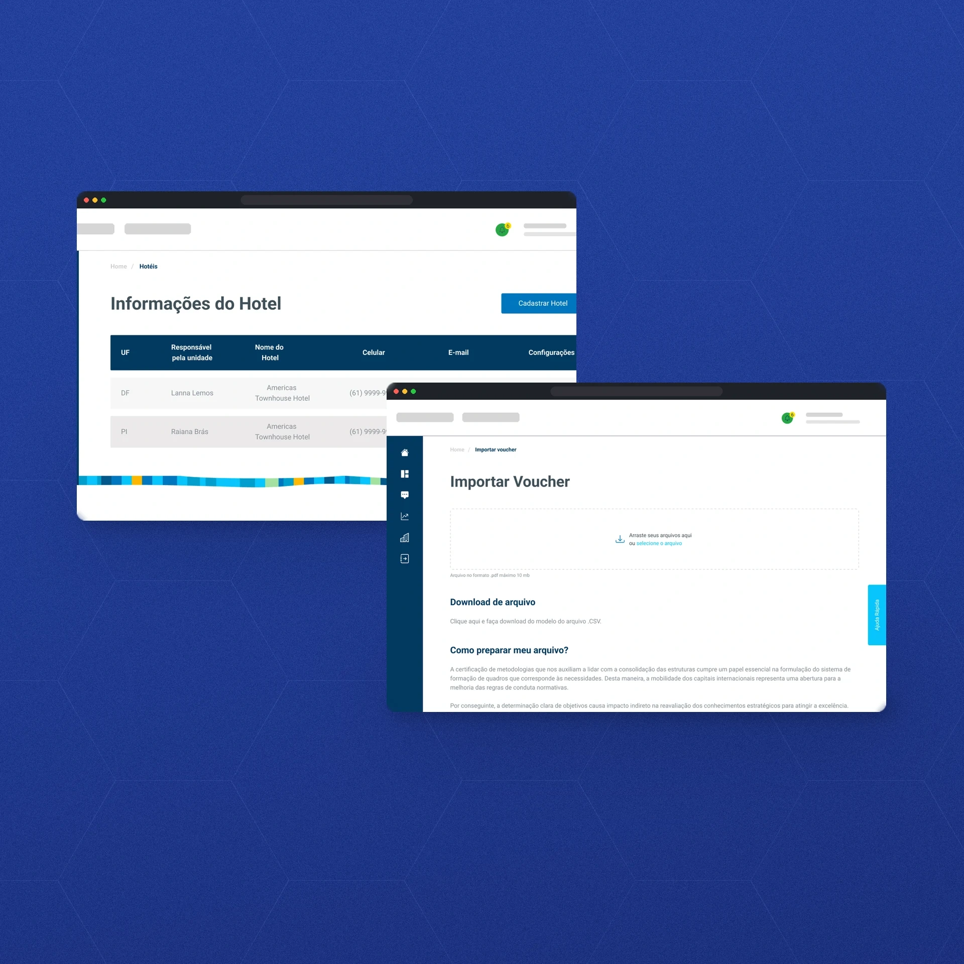 Duas telas em desktop: a lista de informações de hotéis por UF, com botão para cadastrar hotel, e a importação de voucher, com área para arrastar o arquivo, modelo para download e orientações de preparo. Concentram a hospedagem no mesmo módulo. Dados de exemplo.
