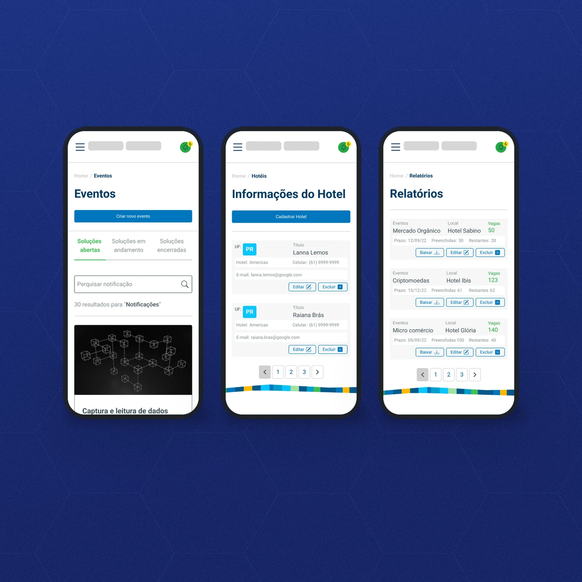 Três telas de celular: Eventos, Informações do Hotel e Relatórios, com botões de ação em largura total, cartões empilhados e paginação. Mostra que as tarefas principais funcionam em tela pequena. Dados de exemplo.