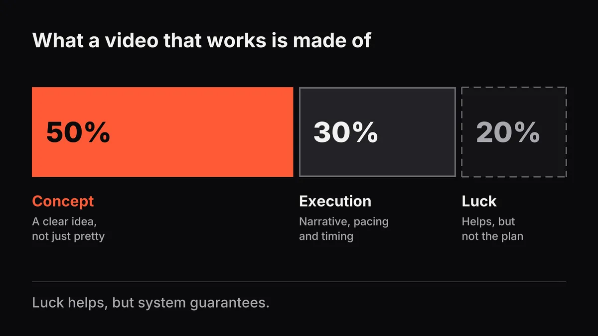 Bar split into 50% concept, highlighted in coral, 30% execution and 20% luck, showing that results come from a system