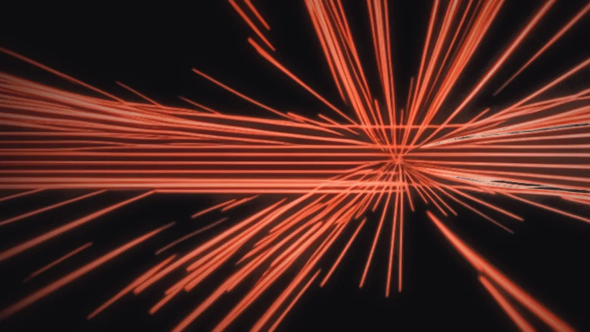 Coral light beams shooting past at high speed, like a scrolling feed: only what is simple and bold can stop the eye