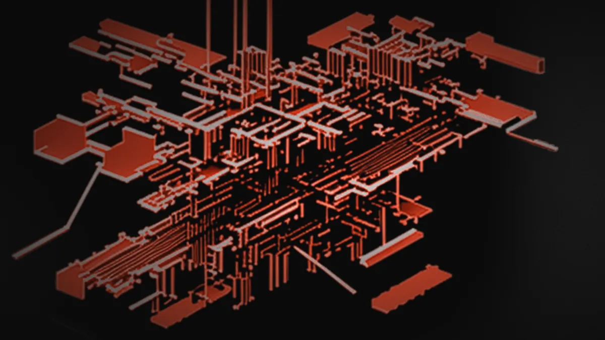 Sistema técnico em vista explodida, com peças coral separadas no escuro: o 3D revela o funcionamento interno que o 2D não mostra