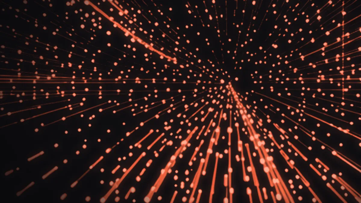 Pontos de luz coral disparam em rastros a partir de um centro, sugerindo tarefas repetitivas aceleradas pela IA